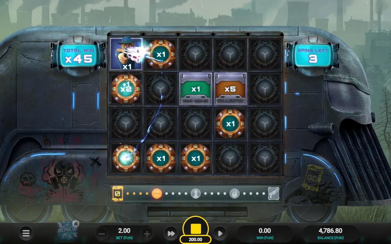 Money Train 5 bonus round with the Sniper doubling a coin value beside the Arms Dealer and Collector symbols