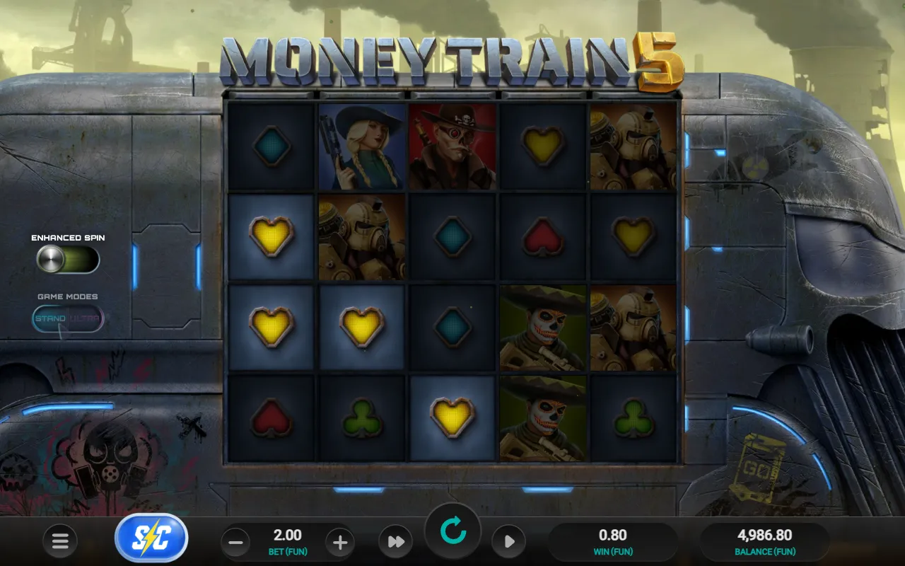 Money Train 5 5x4 grid paying two three-of-a-kind lines for 0.80 at a 2.00 stake