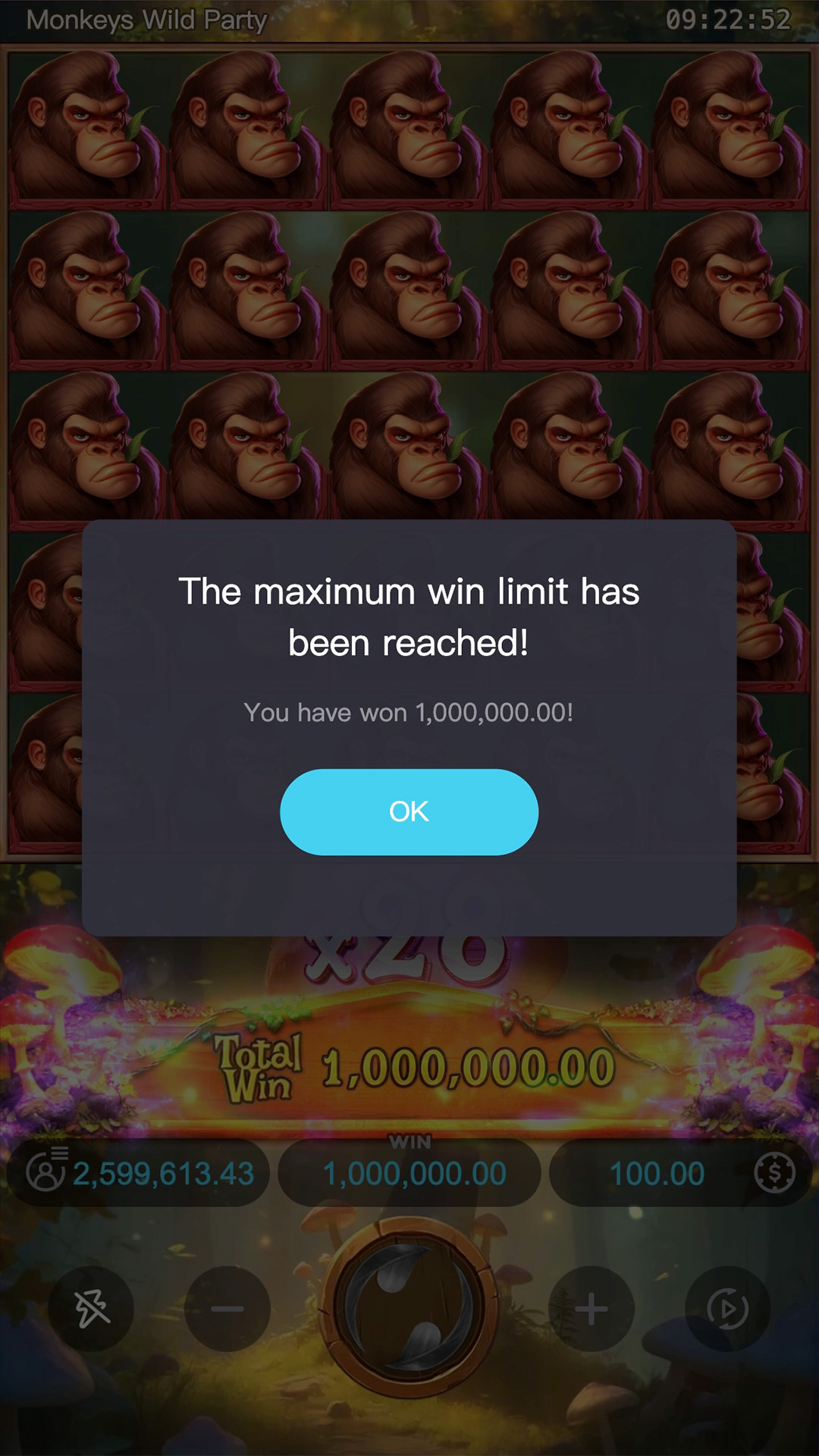 All twenty-five cells filled with gorillas behind a dialogue reading the maximum win limit has been reached
