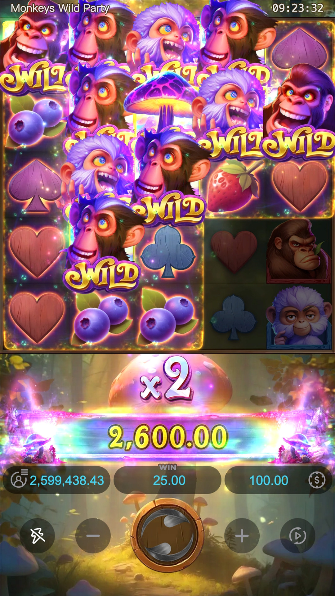 Most of the grid converted to purple spiral-eyed wild monkeys around a single glowing mushroom