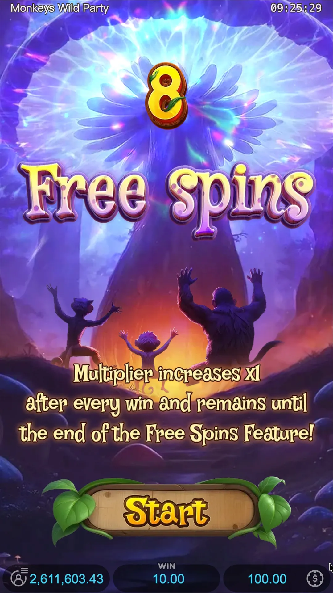 Free spins intro screen showing 8 spins and three monkeys silhouetted before a glowing mushroom