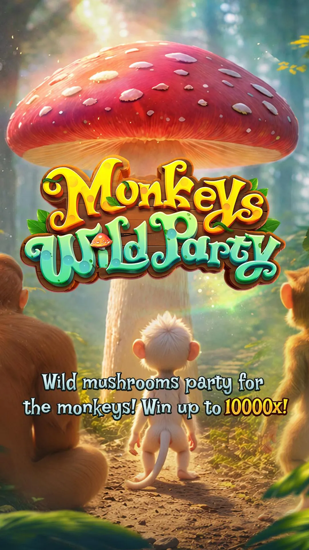 Photoreal splash screen with three monkeys beneath a giant red-and-white toadstool
