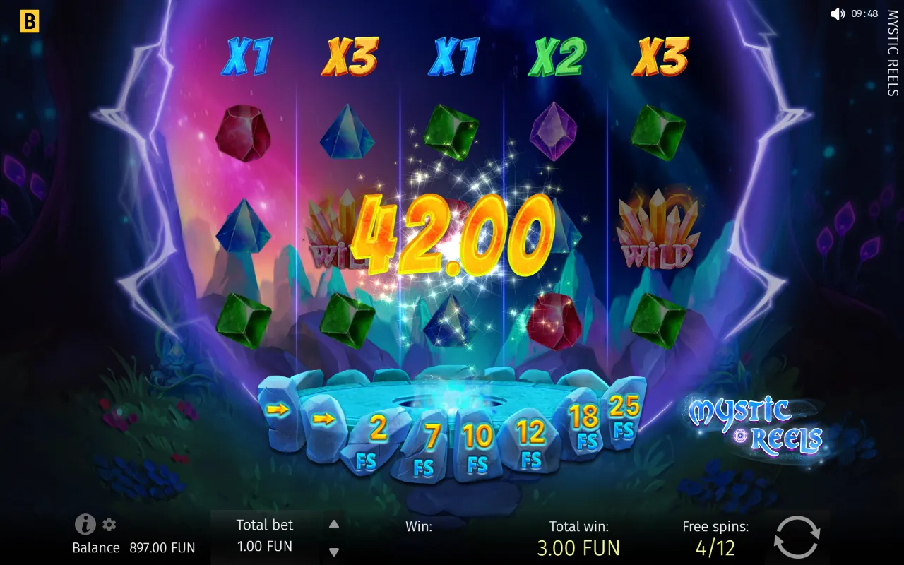 Free spins round with per-reel multipliers x1, x3, x1, x2, x3 above the grid, two wild symbols and a 42.00 win