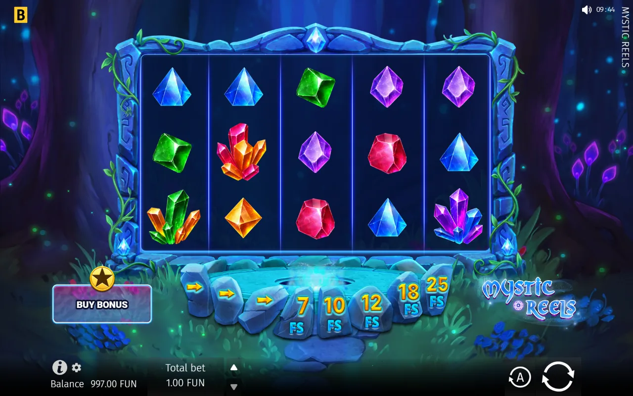 Mystic Reels 5x3 crystal grid with the Free Spins trail below showing three blank stones then 7, 10, 12, 18 and 25 FS