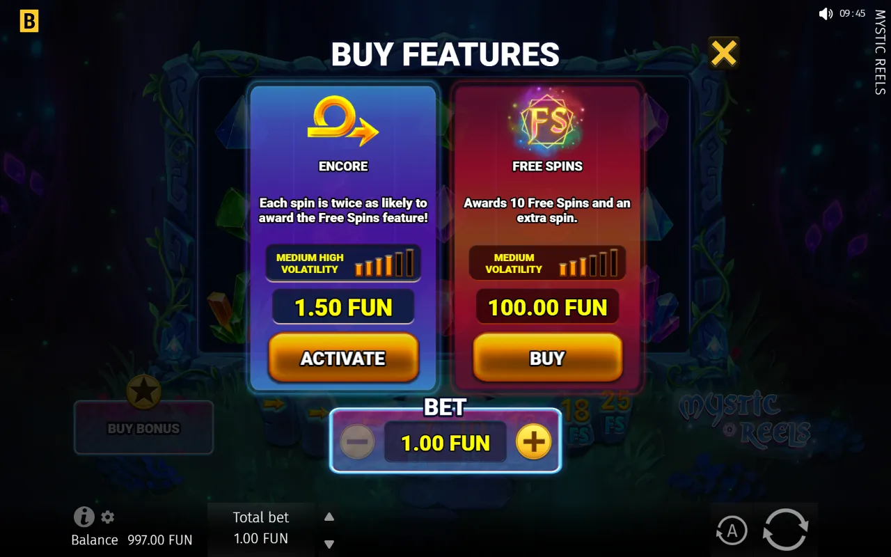 Buy Features menu with an Encore card at 1.50 FUN and a Free Spins card at 100.00 FUN