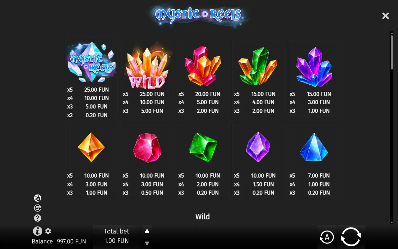 Mystic Reels paytable showing ten crystal symbols with payouts in FUN at a 1.00 bet