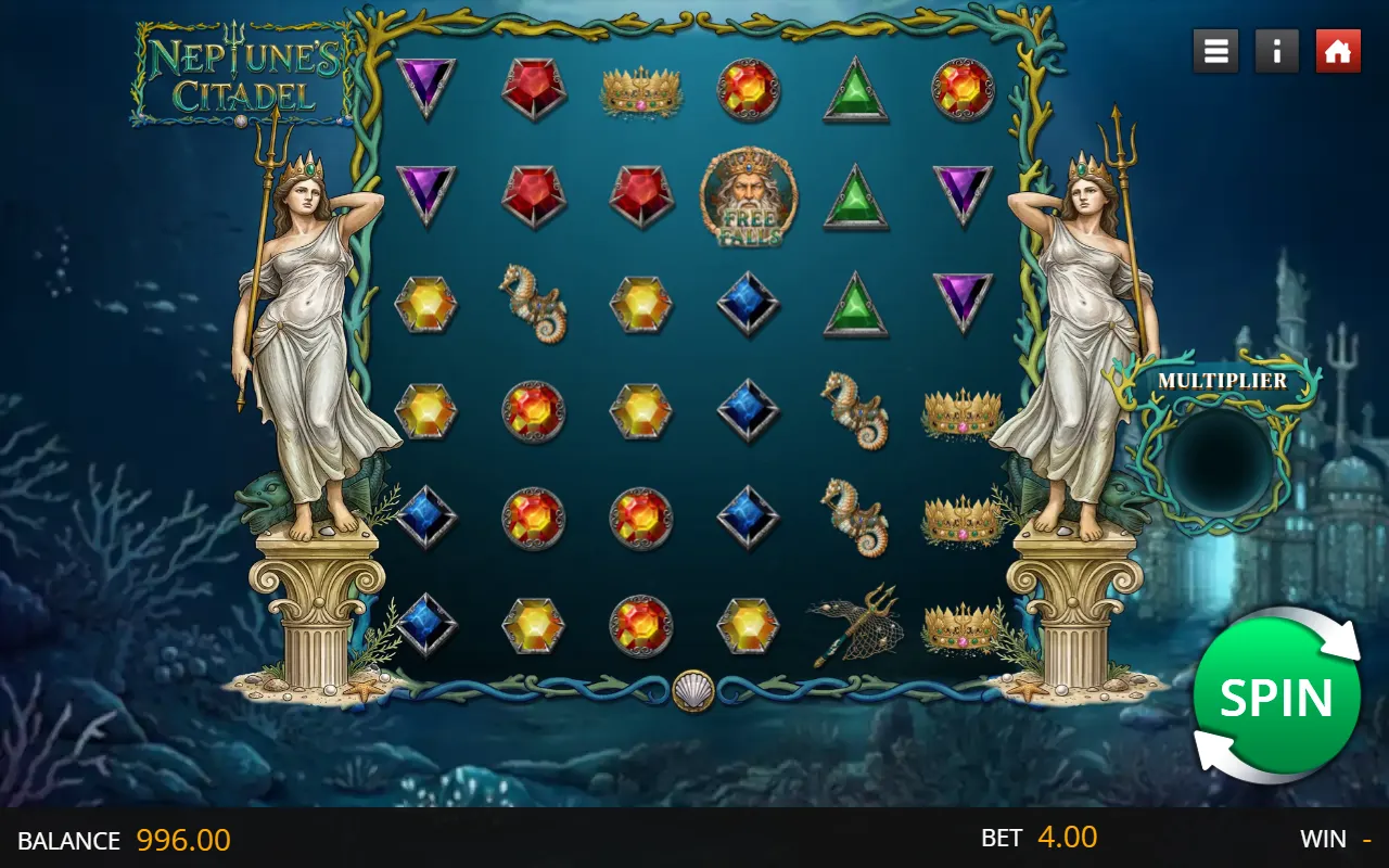 Neptune's Citadel 6x6 grid of gems and crowns with no winning cluster formed