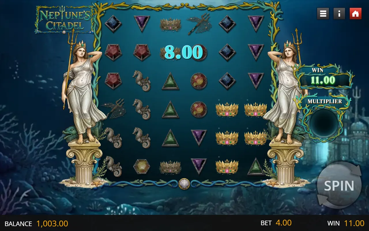 Two cluster wins on one 6x6 board in Neptune's Citadel, five gold crowns and a seahorse cluster
