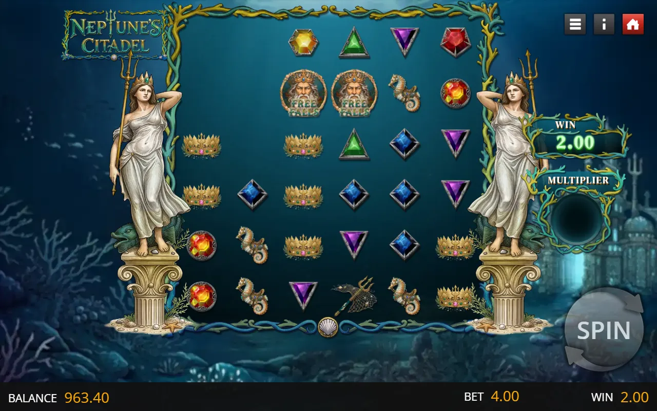 Two Neptune Free Falls scatter medallions on the middle reels of the 6x6 grid, short of the four needed