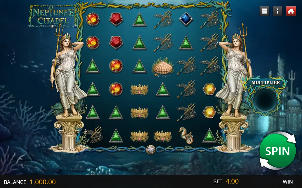 Neptune's Citadel 6x6 cluster grid at load, gems and crowns between two marble goddess columns