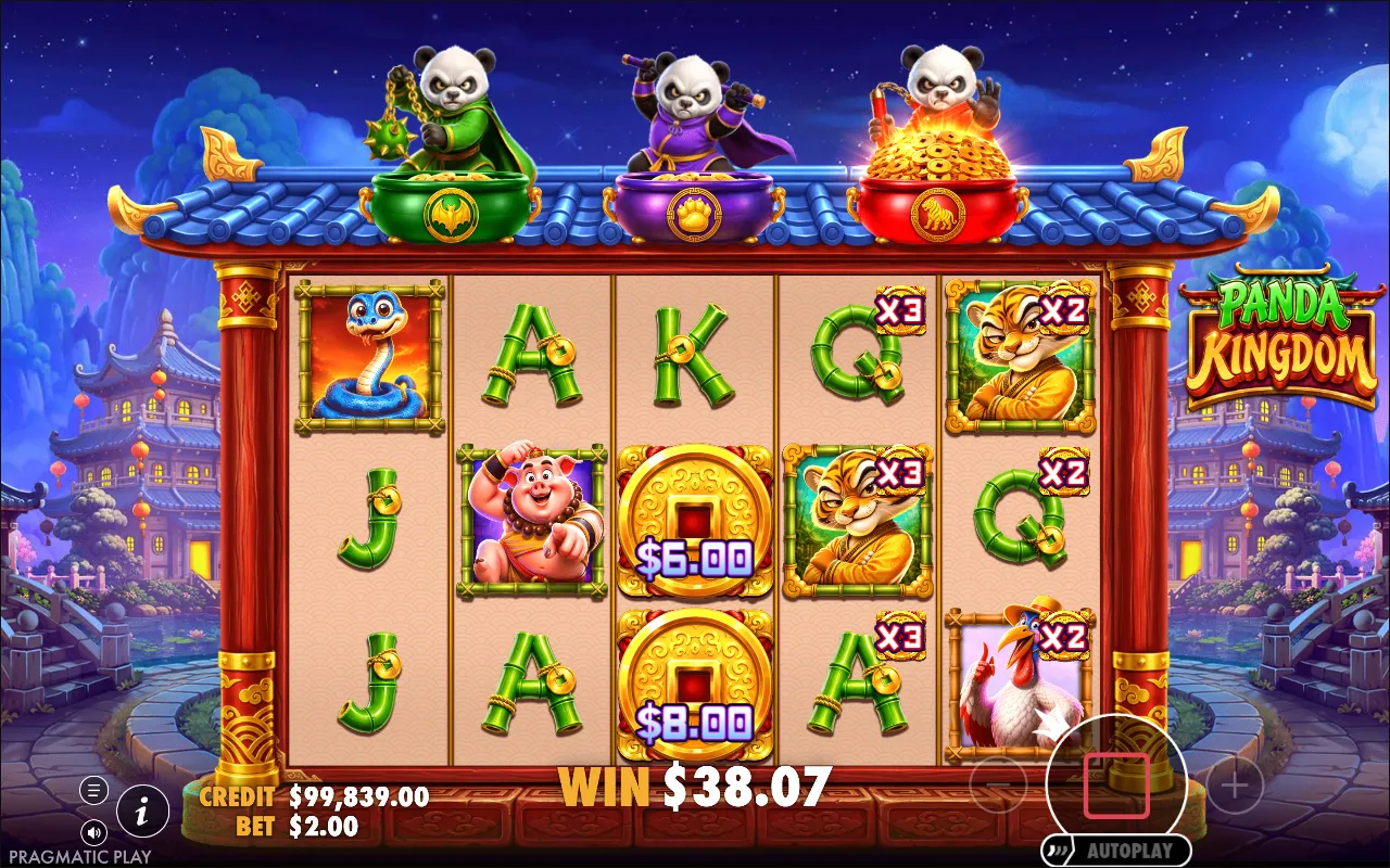 Panda Kingdom free spins at night with x3 multipliers on reel four, x2 on reel five and money coins reading $6.00 and $8.00 on reel three