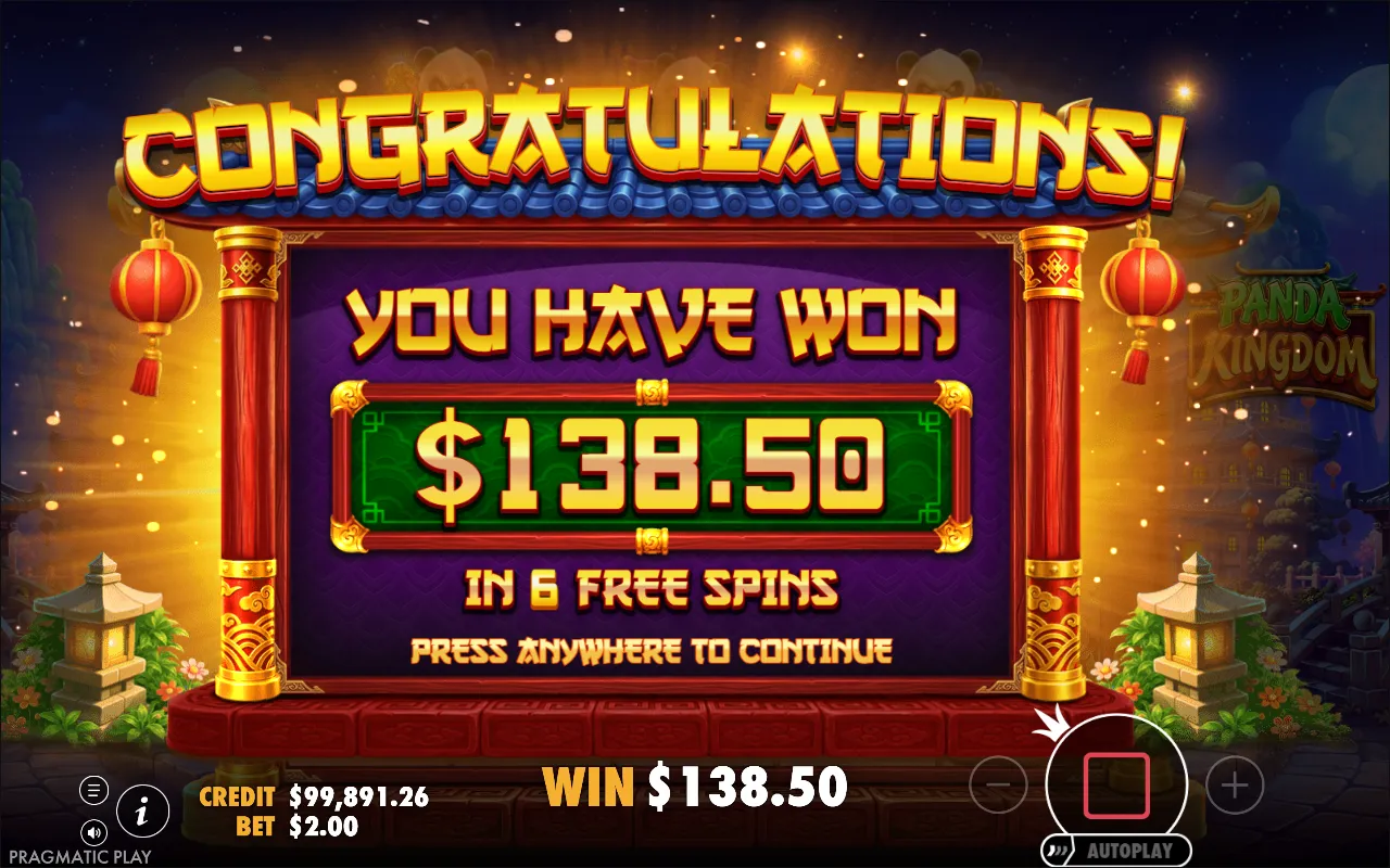 Panda Kingdom free spins result screen reading YOU HAVE WON $138.50 IN 6 FREE SPINS