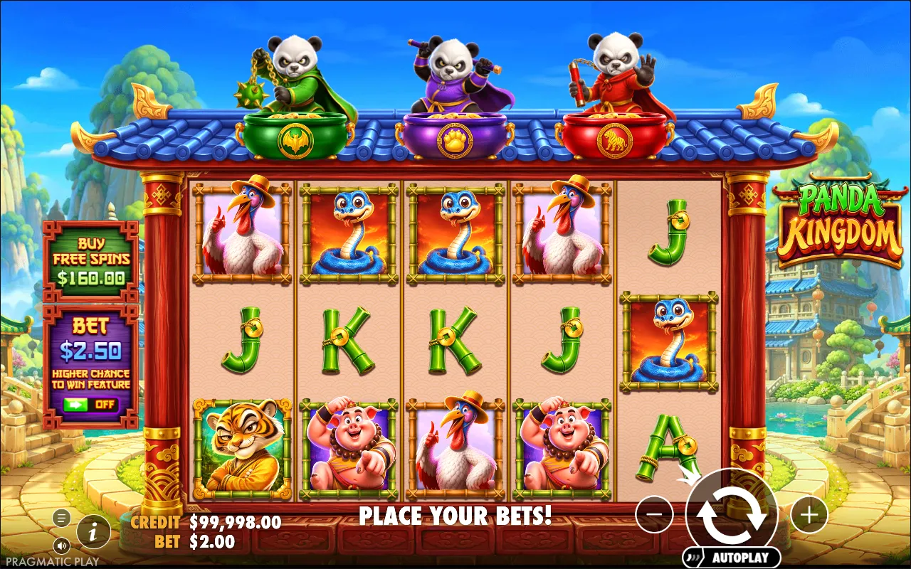 The green BUY FREE SPINS plaque reading $160.00 and the purple ante bet toggle switched off, beside the Panda Kingdom reels