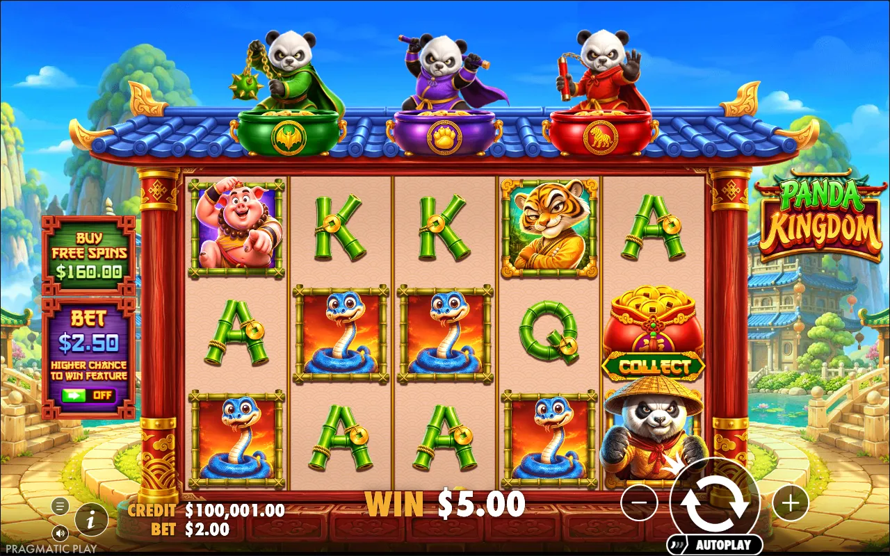 The red COLLECT pouch on reel five of Panda Kingdom with no money coins anywhere on the grid