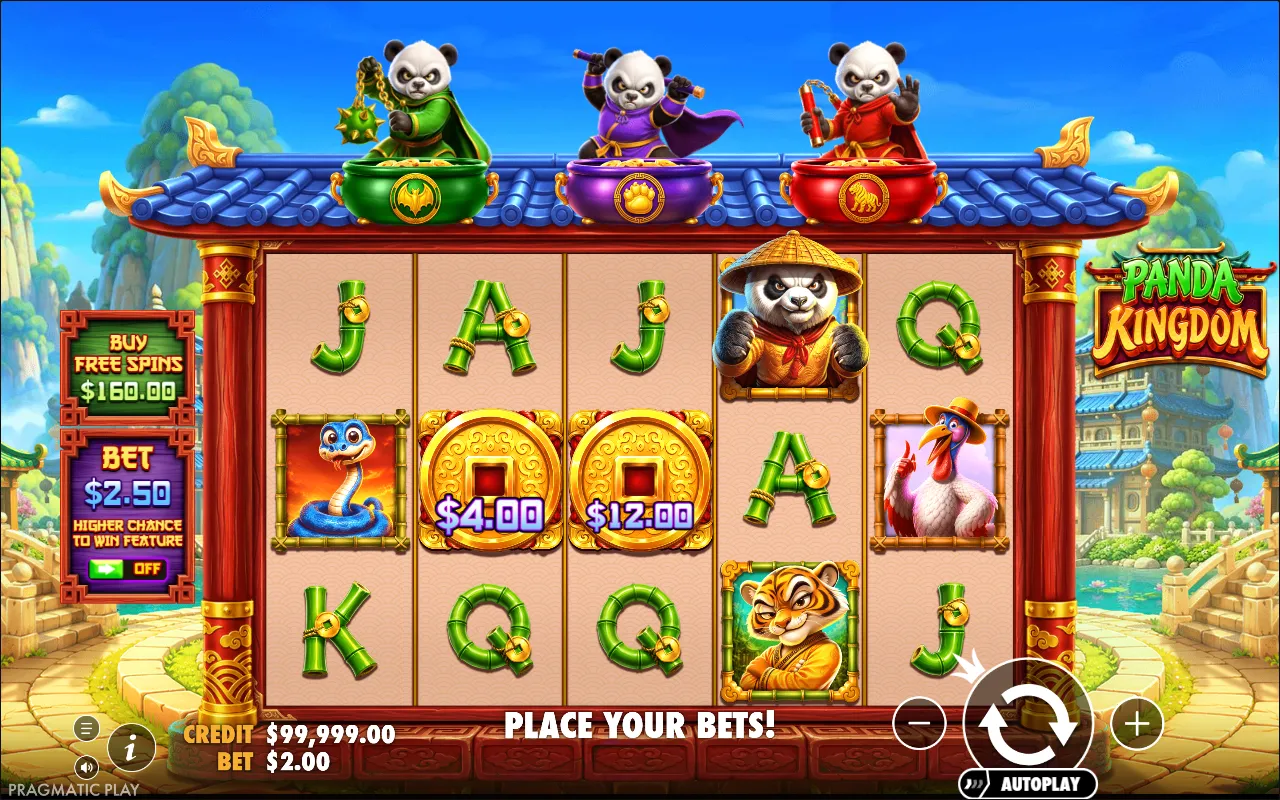 Two gold money coins reading $4.00 and $12.00 on reels two and three of the Panda Kingdom grid, with no collect symbol on reel five