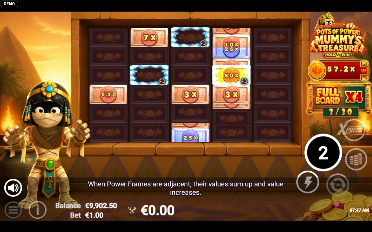5x6 Hold and Win board at 57.2x with coins from 0.2x to 50x and a Power Frame sitting on the 50x coin to add its value
