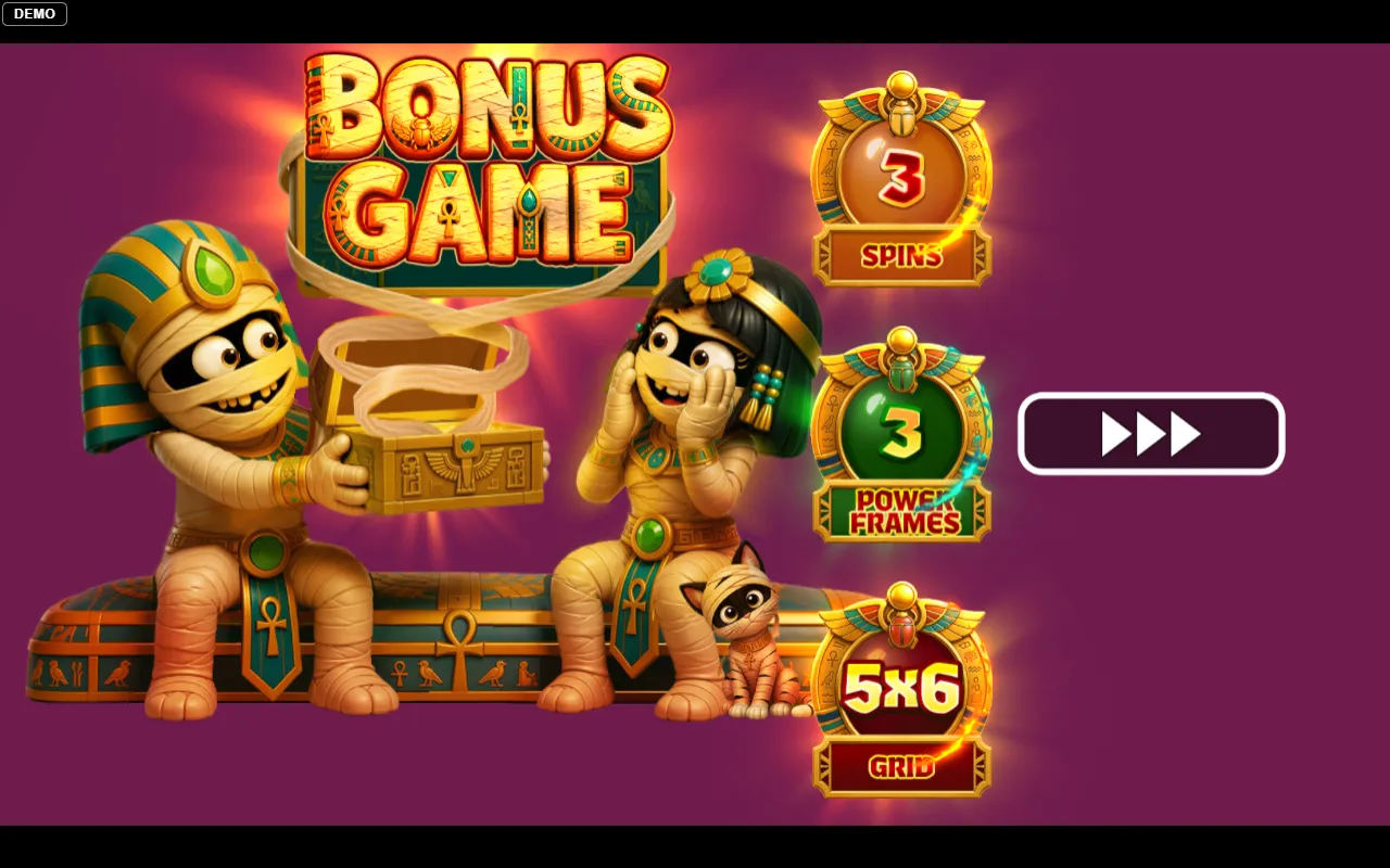 Bonus setup card showing the wheel result of 3 spins, 3 Power Frames and a 5x6 grid