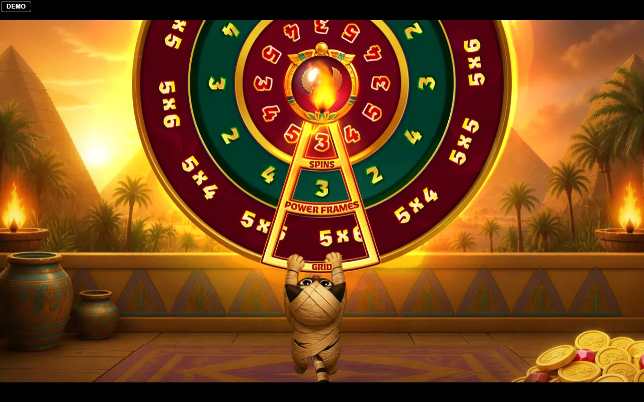 The three-disc Pre-Bonus Wheel spinning to set respins, Power Frame count and grid size for the Hold and Win round