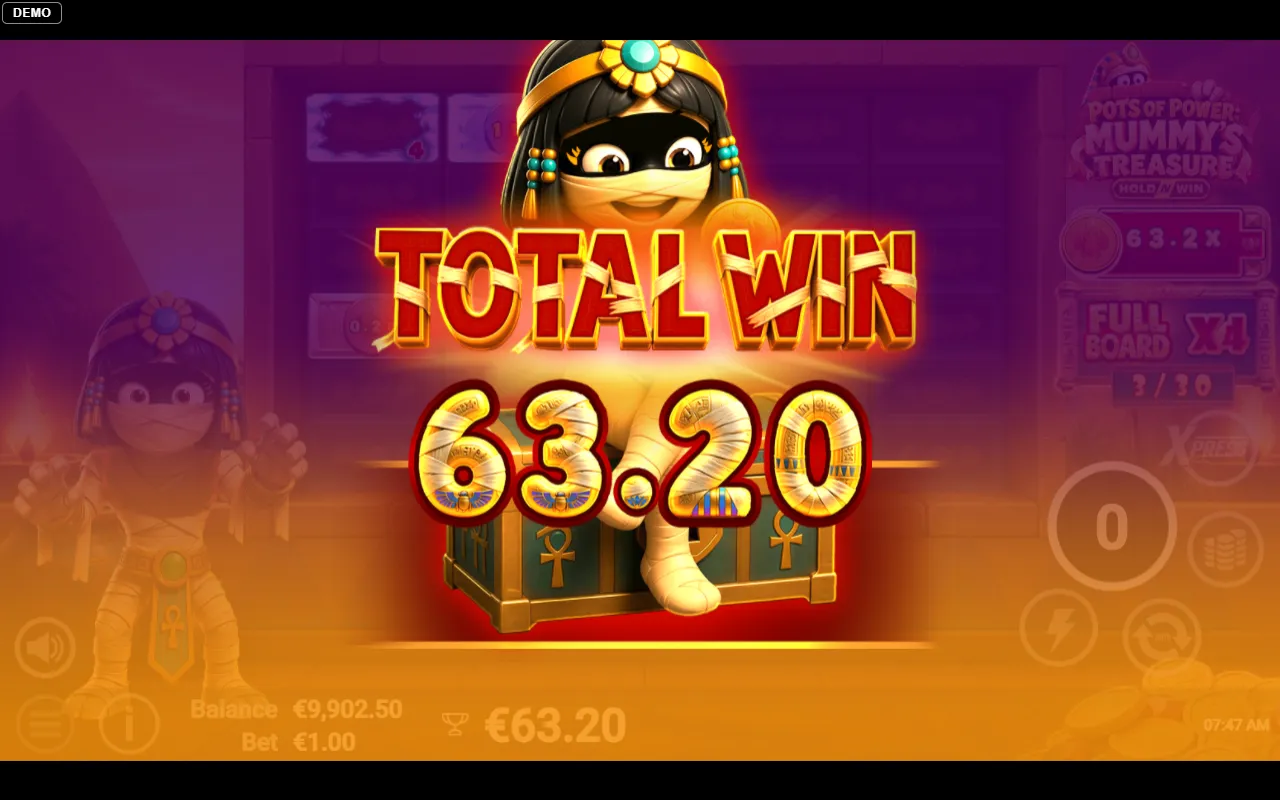 Bonus round closing card showing a total win of 63.20 from a 100x bonus buy