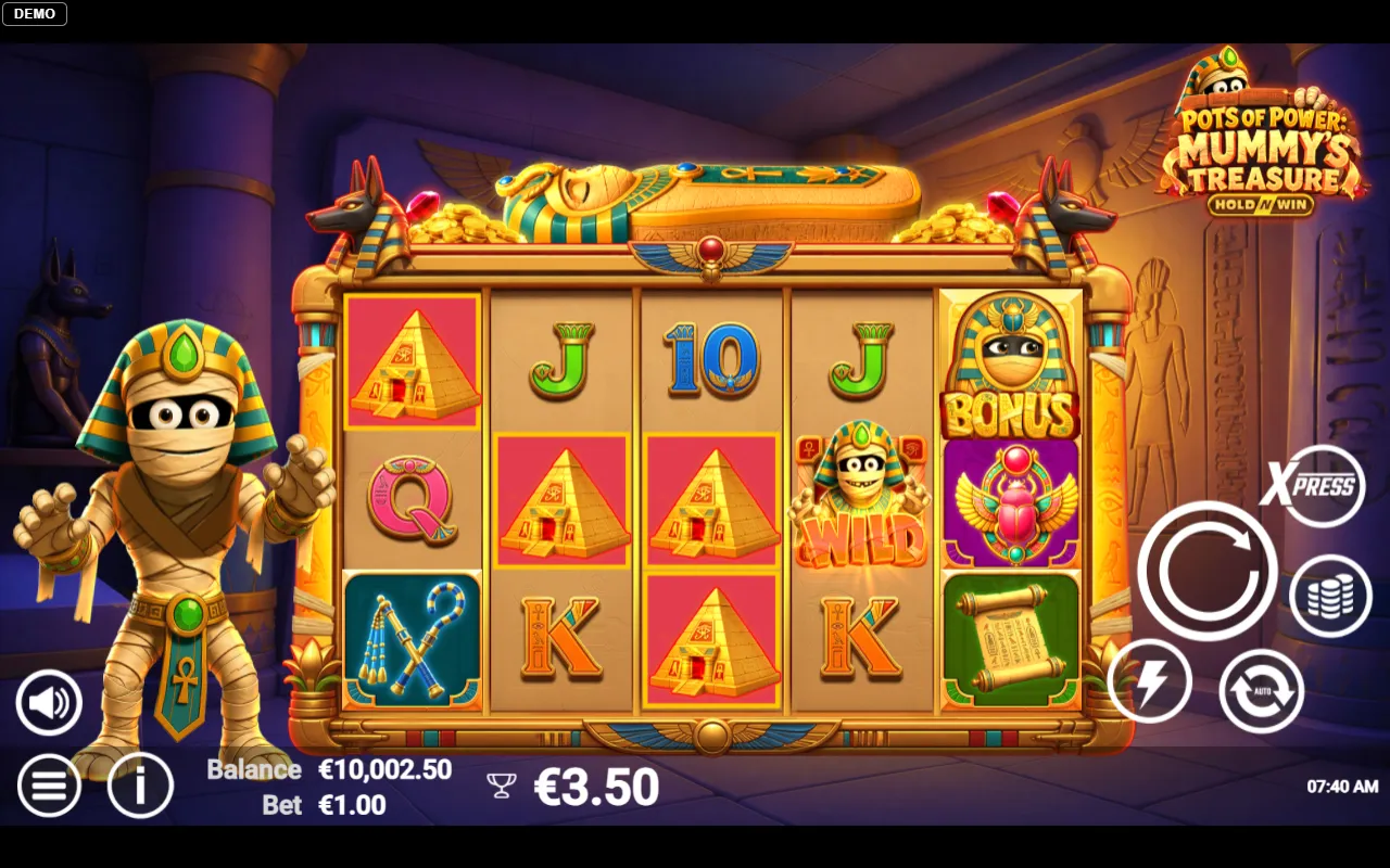5x3 reels with a gold BONUS symbol on reel five that has not triggered the bonus, paying a 3.50 line win