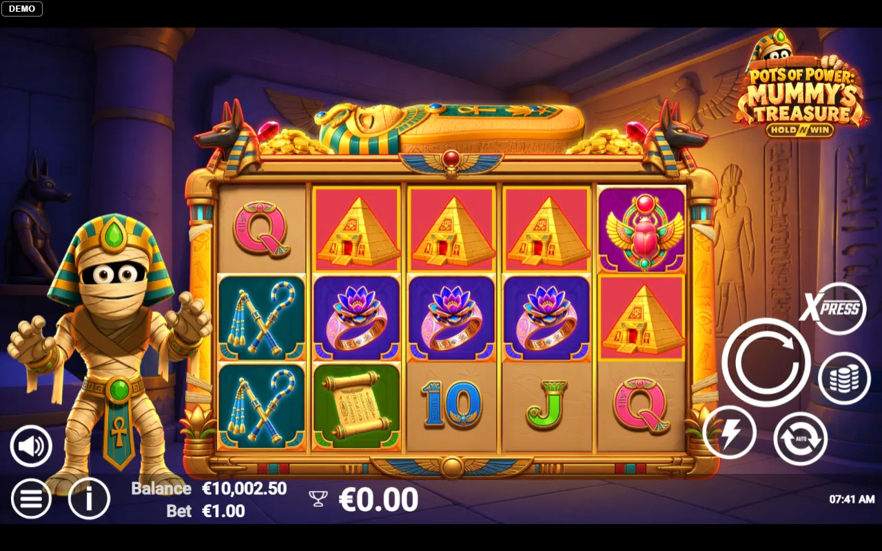 5x3 grid showing three matching pyramid symbols on reels two to four that pay nothing because the run does not start on reel one
