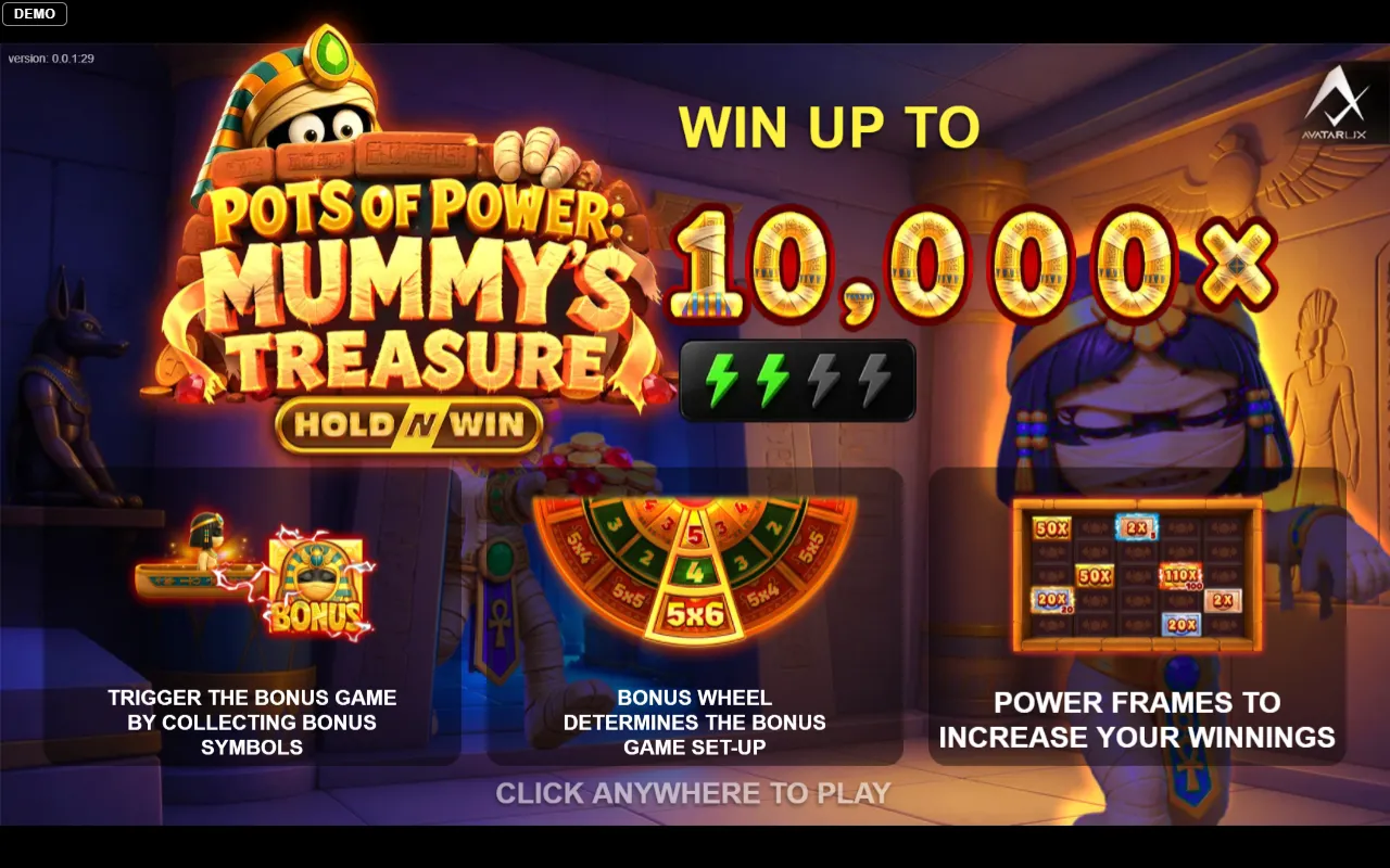 Pots of Power Mummy's Treasure splash screen showing a 10,000x maximum win, a four-segment volatility meter with two lit, and the bonus wheel's 5x4, 5x5 and 5x6 grid options