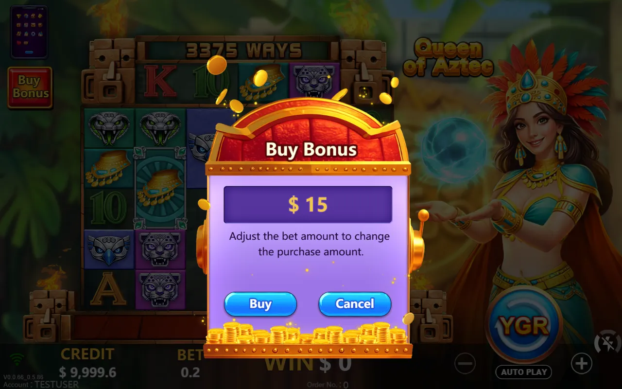 Queen of Aztec Buy Bonus dialog showing a $15 price at a $0.20 bet
