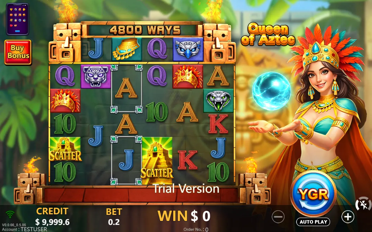 Queen of Aztec base game grid with the ways counter reading 4800