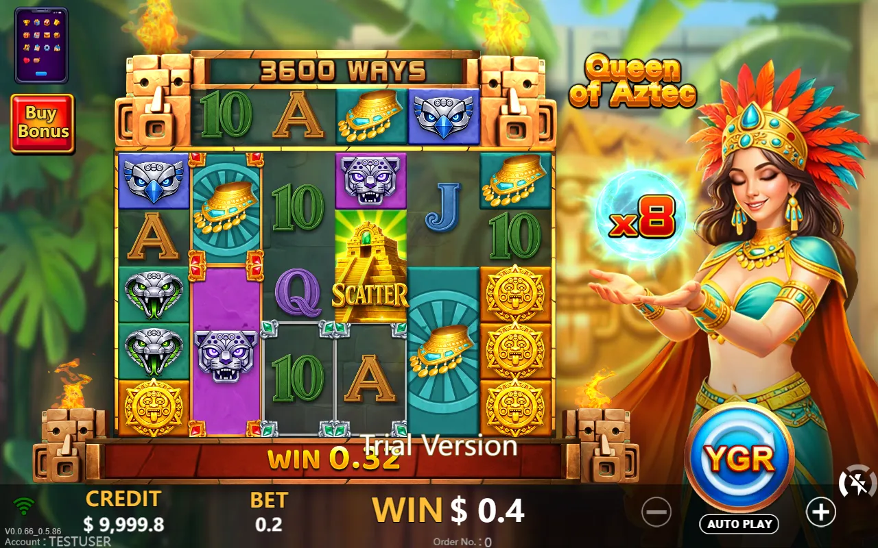 Four Golden Sun God discs on the reels with the queen holding an x8 multiplier orb
