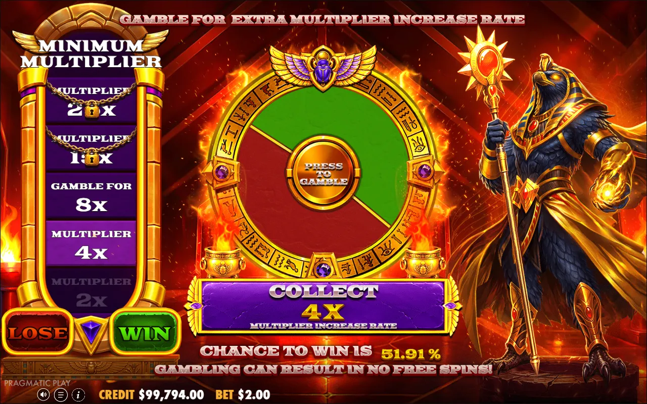 Gamble wheel in Ra vs Osiris, half green and half red, with a multiplier ladder on the left showing 4x current and 8x as the next step