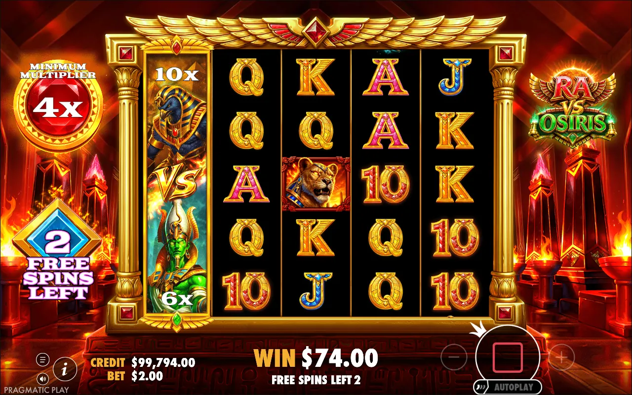 Reel one of Ra vs Osiris filled by a Ra versus Osiris wild banner showing 10x at the top and 6x at the bottom, with royals across the other four reels