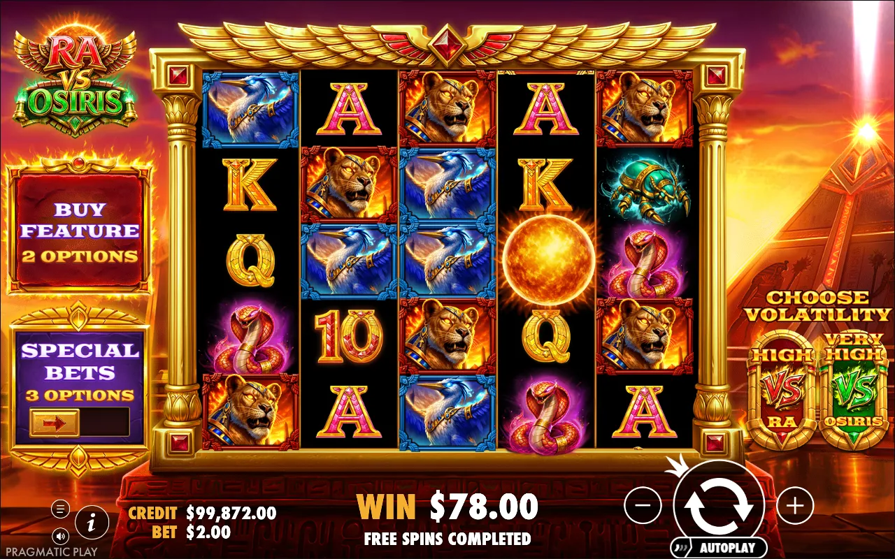 Ra vs Osiris free spins completed screen showing WIN $78.00 with lioness and ibis symbols across the reels