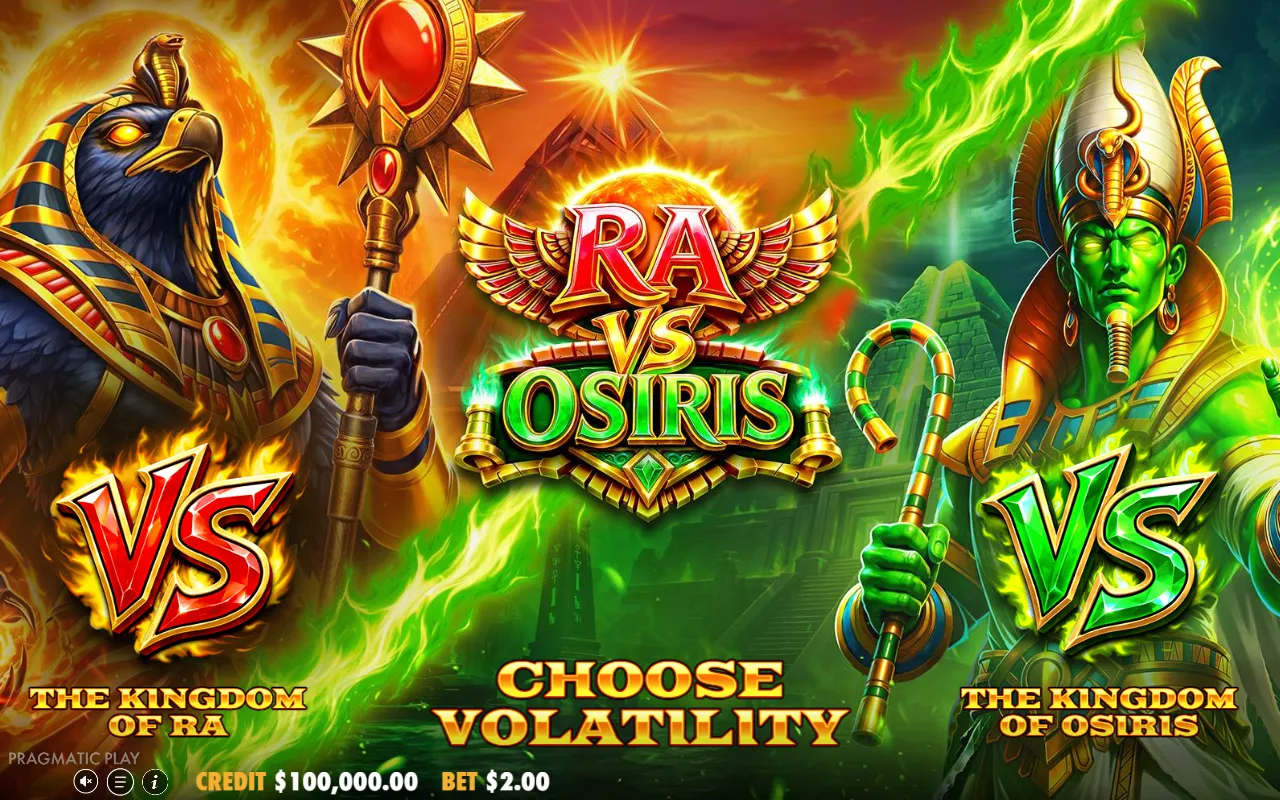 Ra vs Osiris opening screen with the falcon-headed Ra on the left, green-skinned Osiris on the right and the words CHOOSE VOLATILITY between them