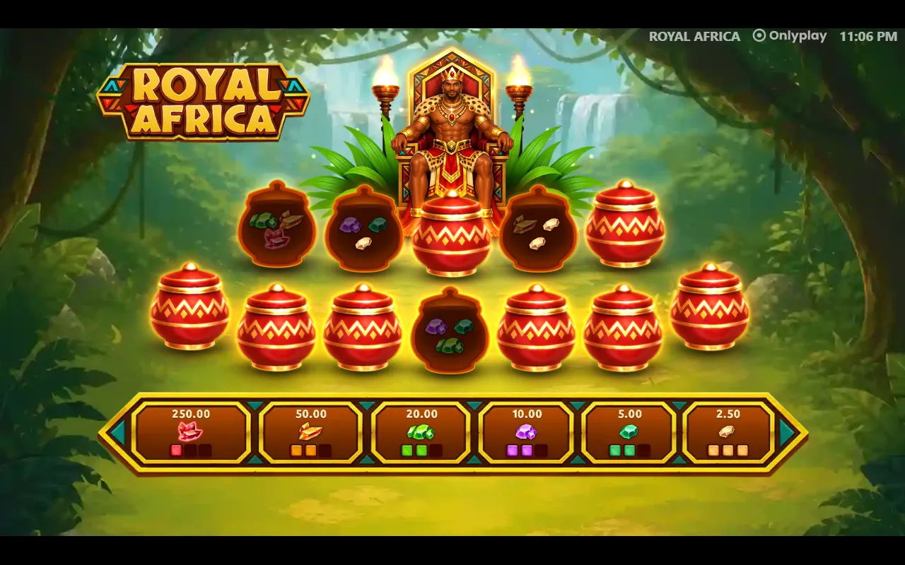 Royal Africa Jackpot Game with four pots opened and gems part-filling five of the six jackpot tiers