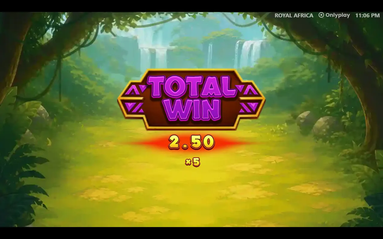 Royal Africa jackpot result card showing a total win of 2.50 at five times the stake