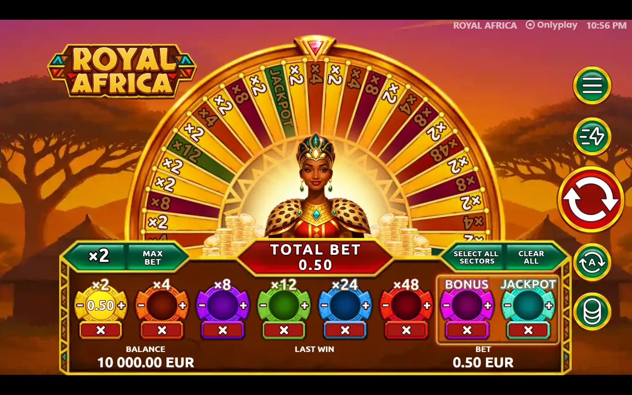 Royal Africa with a single chip on the x2 ring and a total bet of 0.50 beneath the fifty-sector wheel