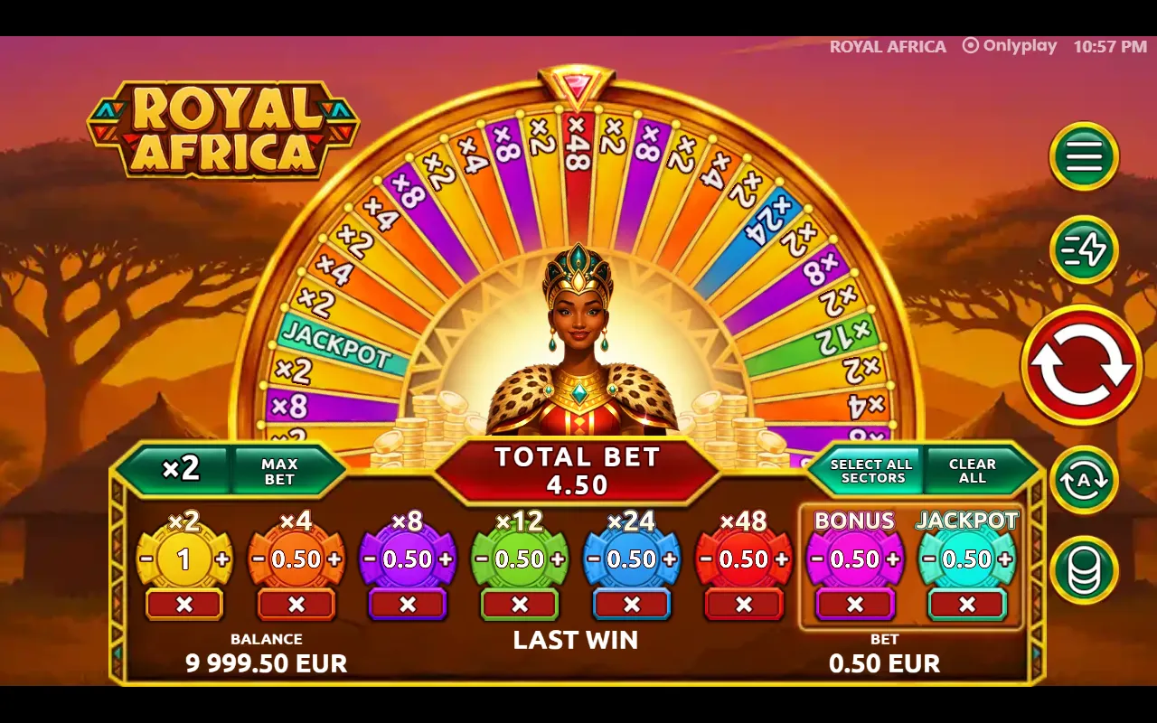 Royal Africa with a chip on all eight betting rings and the total bet showing 4.50