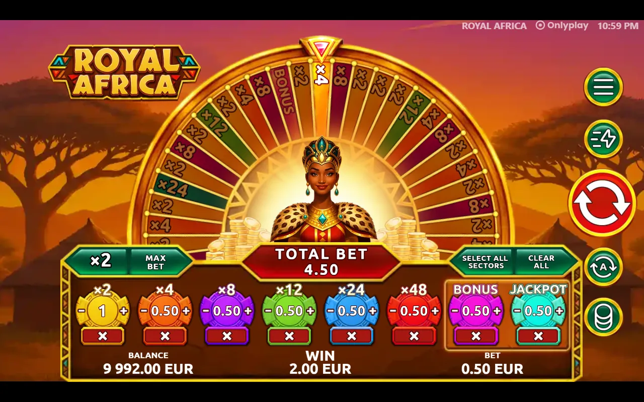 Royal Africa with the wheel pointer stopped on a x4 sector and all eight rings backed