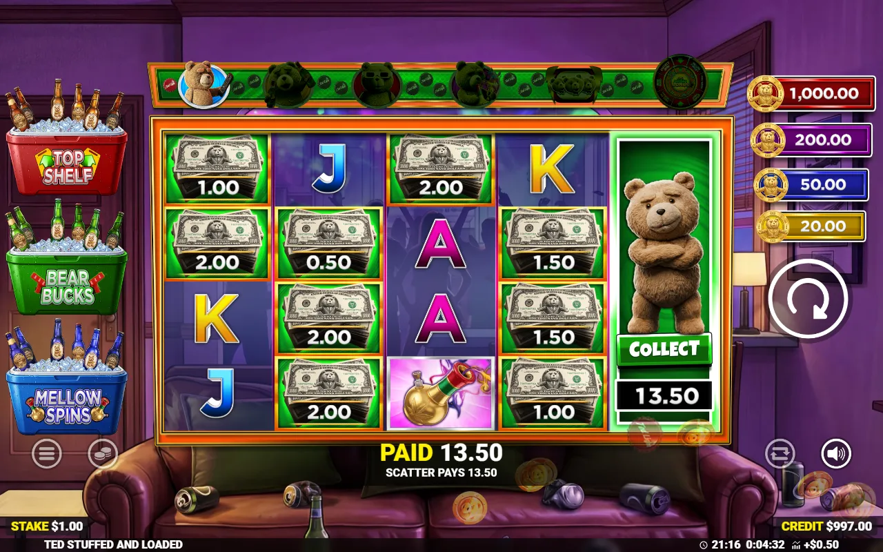 the Ted Stuffed and Loaded collect feature accumulating nine cash prize banknotes across the 5x4 grid