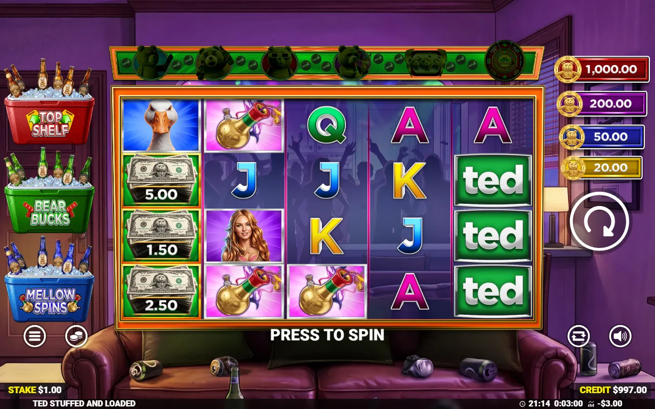 Ted Stuffed and Loaded 5x4 reels with three cash prize banknote symbols on the first reel and no collect symbol in view