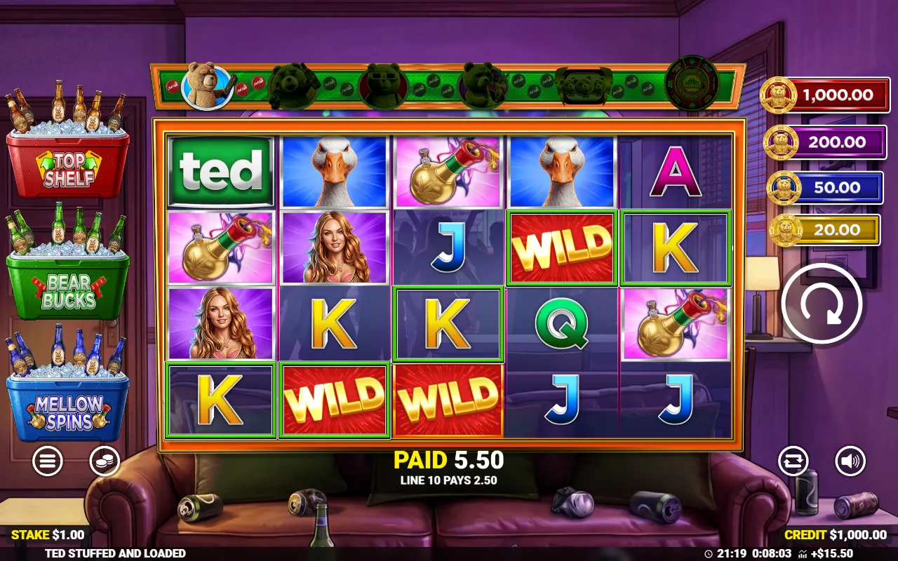 Ted Stuffed and Loaded reels with three red wild tiles on the middle reels completing a winning line