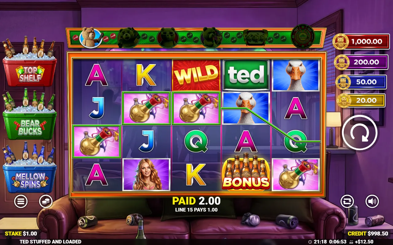 Ted Stuffed and Loaded 5x4 grid with a coloured bonus scatter symbol on the fourth reel beside a winning line