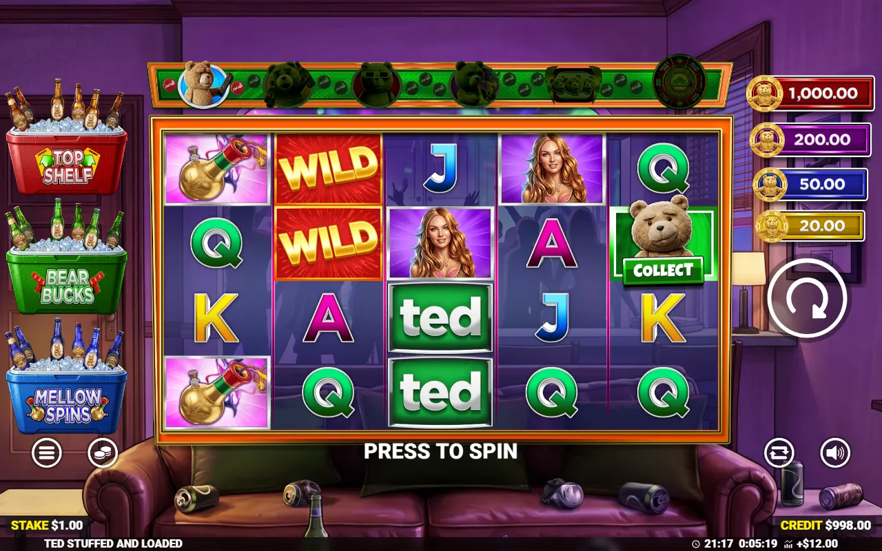 Ted Stuffed and Loaded grid with a Ted collect symbol on the fifth reel and no cash prize symbols to accumulate