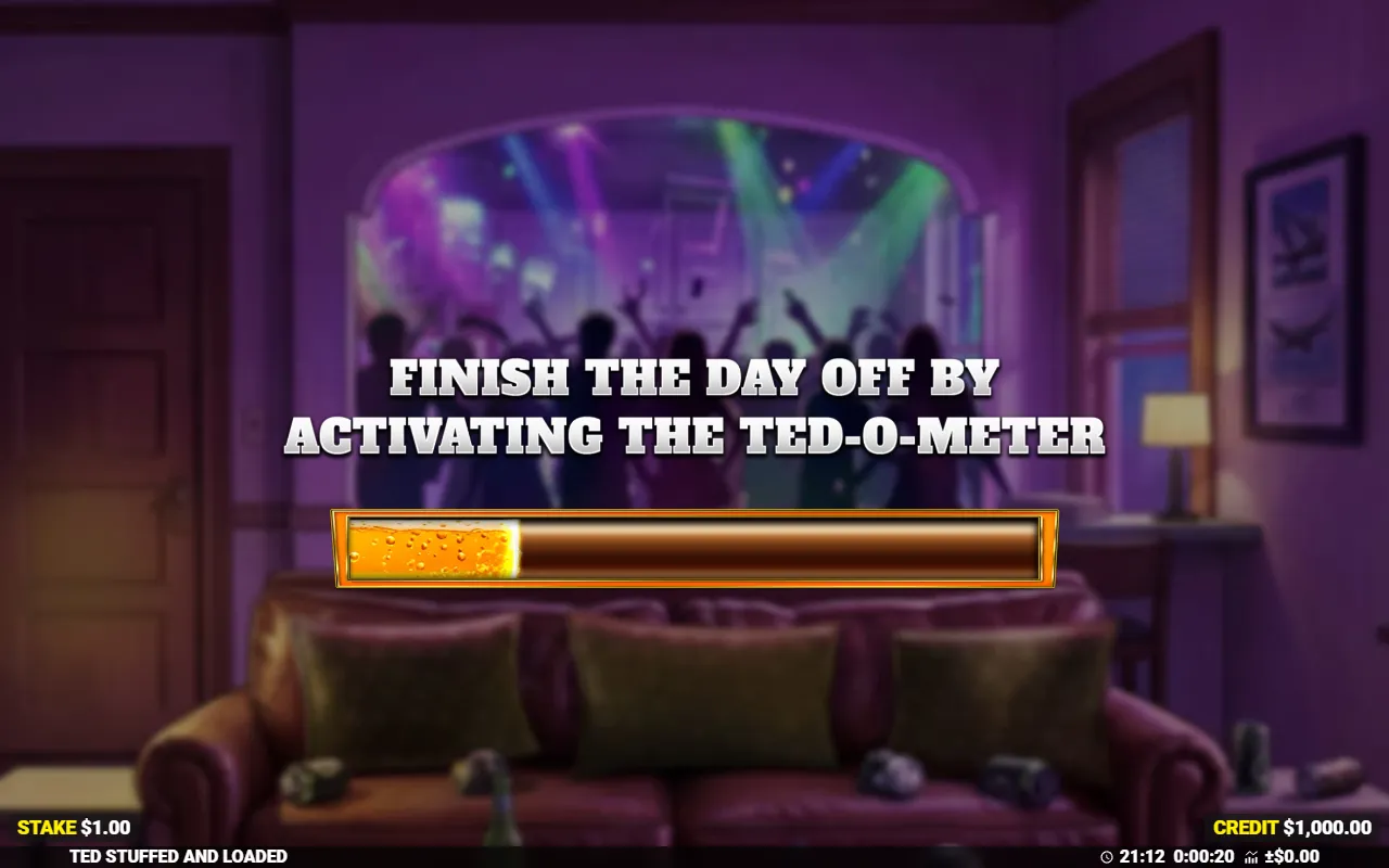 Ted Stuffed and Loaded intro screen showing the Ted-O-Meter beer glass meter in Ted's purple lounge