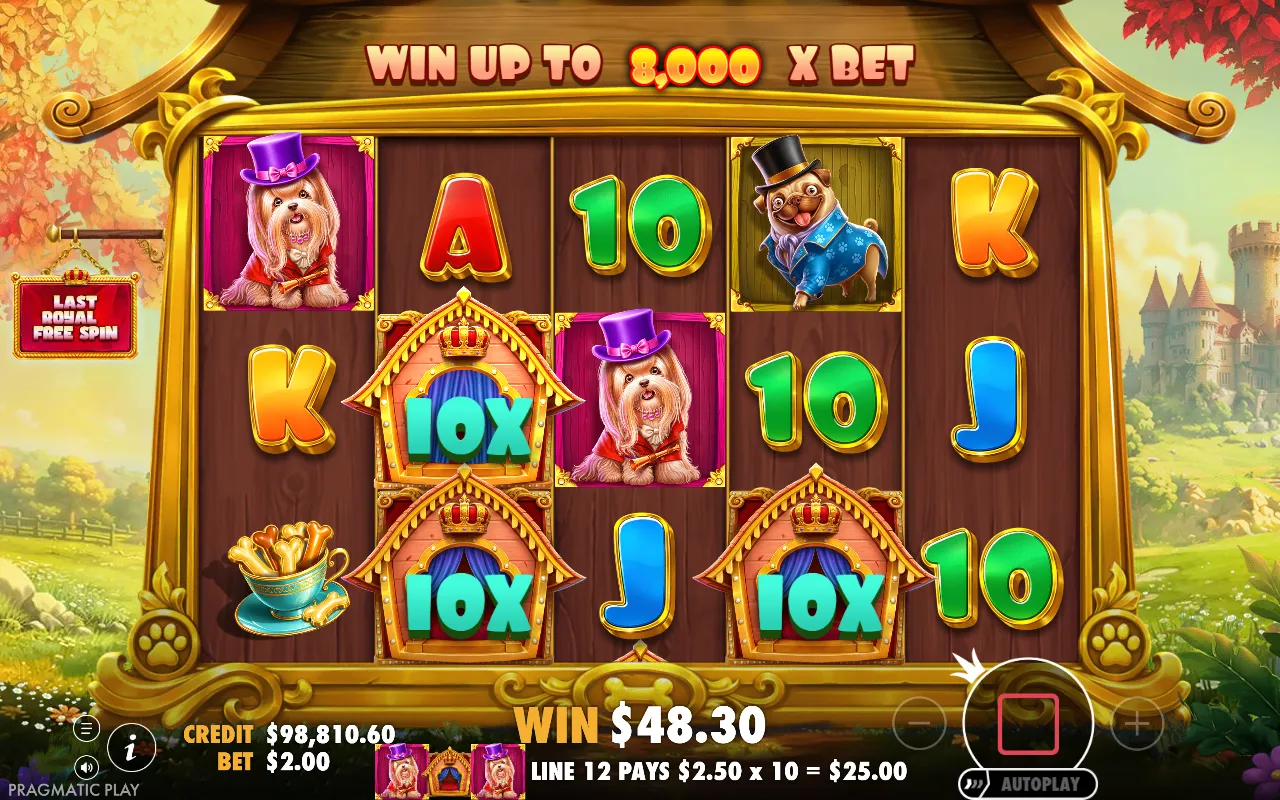 Royal free spins with three sticky 10X wild kennels locked on the reels against an autumn background