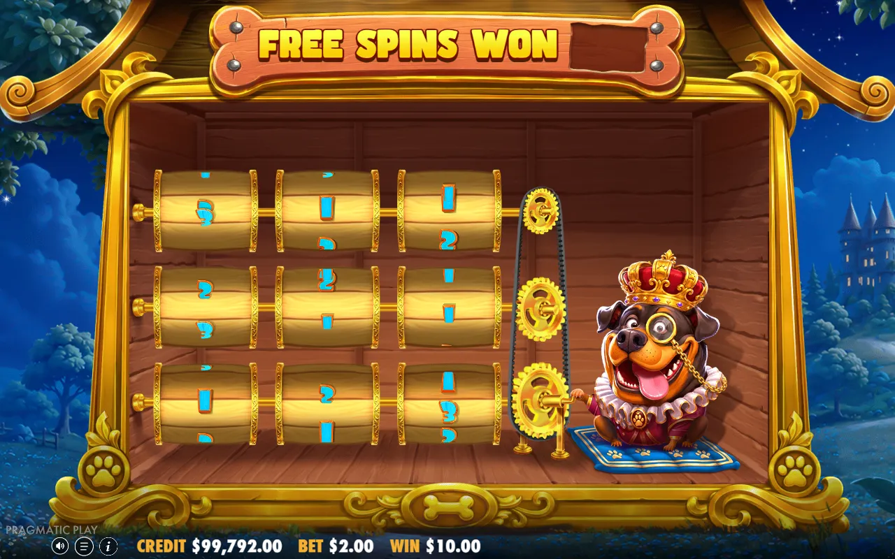 Nine wooden rollers spinning in a 3x3 grid while a crowned Rottweiler pulls a lever
