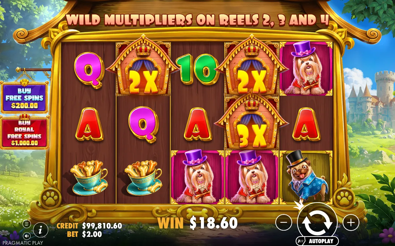 Base game screen with three wild doghouses carrying 2X, 2X and 3X multipliers on the middle reels