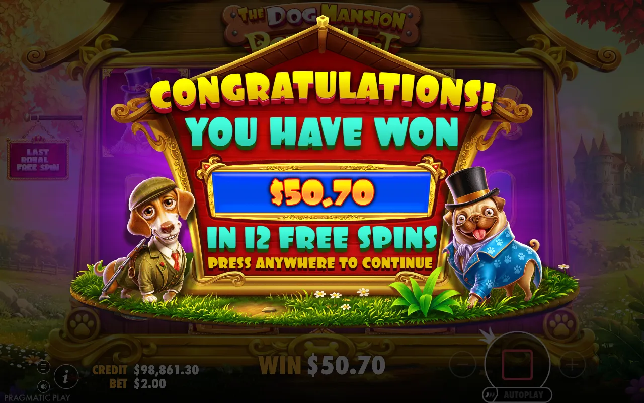 End card of the royal free spins round showing $50.70 won in 12 free spins