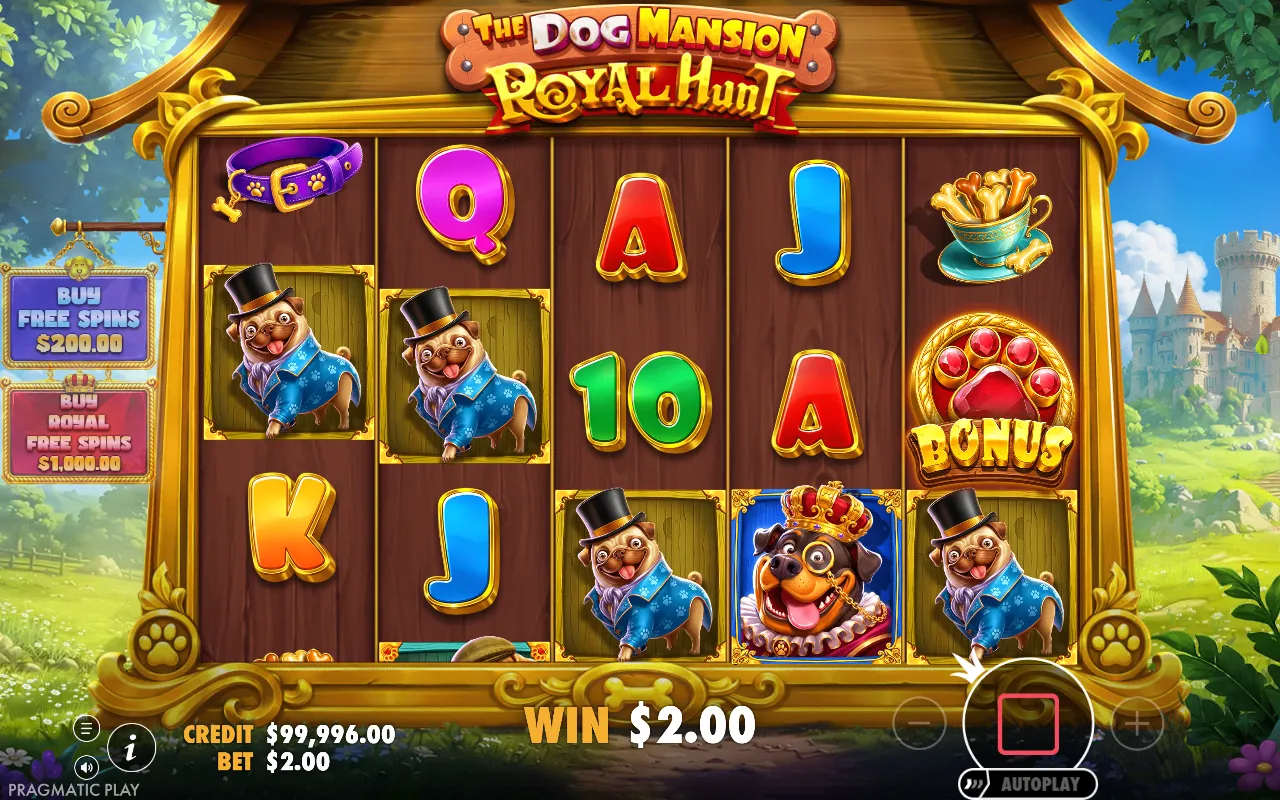 Base game spin paying $2.00 with a BONUS paw landing on reel five