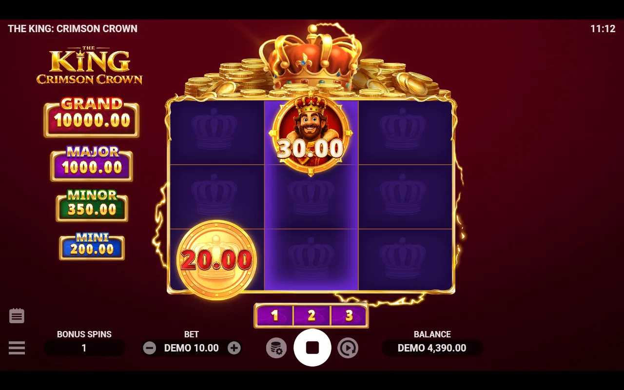 Bonus game in progress with a King Collector showing 30.00, a 20.00 coin below left, and blank crown-marked cells